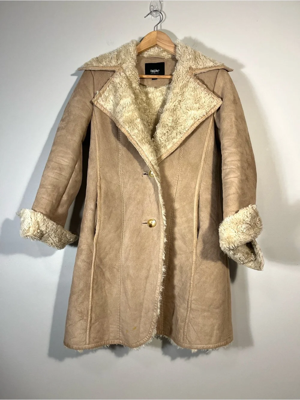 Mossimo Tan Faux Suede Coat Faux Fur Shearling Lining 70s Vintage Inspired